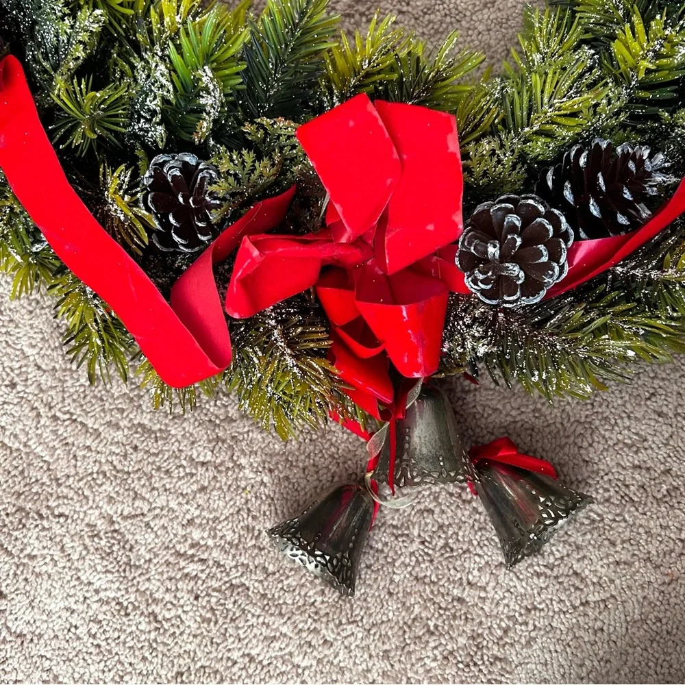 Elegant Artificial Green Christmas Holiday Wreath with Red Ribbon and Pinecones